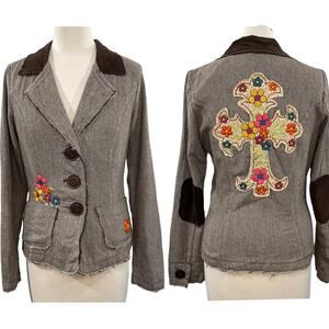 Ivy Jane Size S Blazer Shabby Chic Y2K Vibe Tweed Cross Flower Embroidered Patch